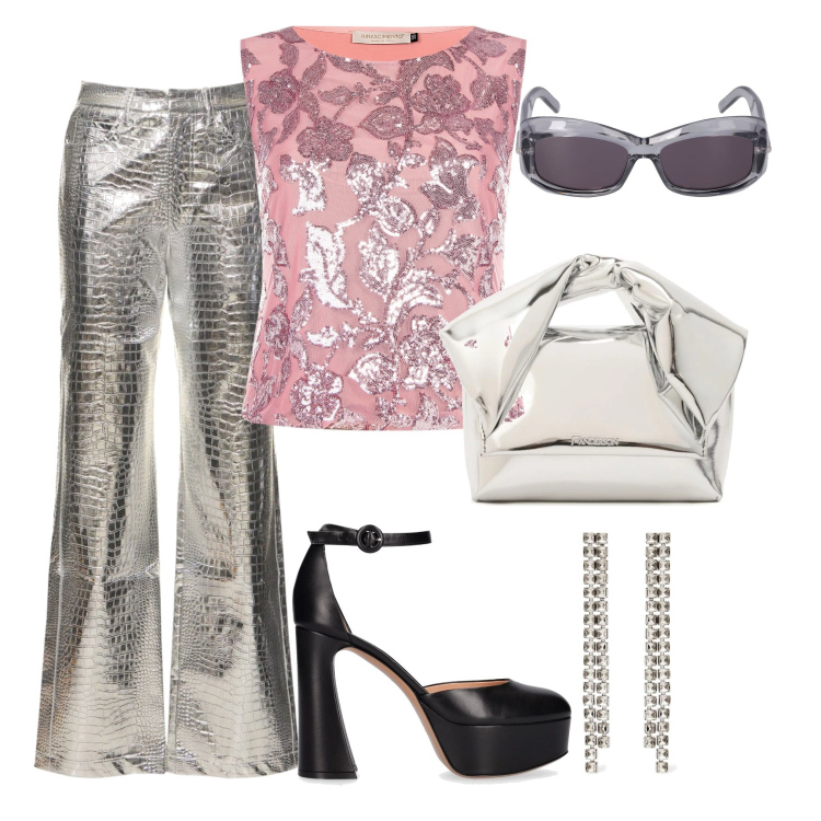 Outfit donna - In argento \'70. Stile 70s per Serata fuori. Abbinamento con top, orecchini, pantaloni, occhiali da sole, borse a mano, décolleté.