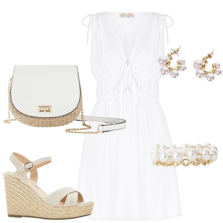Outfit donna - Bianco fa estate. Stile Boho per Tutti i giorni. Abbinamento con borse a tracolla, sandali, vestiti corti, braccialetti, orecchini.