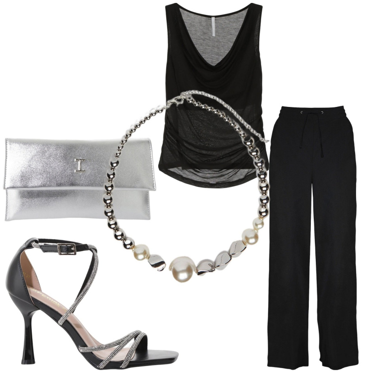 Outfit donna - Total look #2209060. Stile Casual chic per Serata fuori. Abbinamento con pantaloni a palazzo, top, sandali col tacco, pochette, collane.