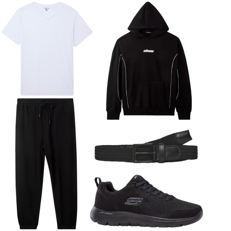 Outfit uomo - Total look #2209064. Stile Casual per Tutti i giorni. Abbinamento con sneakers, t-shirt, pantaloni, felpe con cappuccio, cinture.