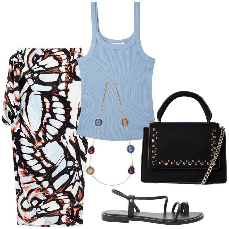 Outfit donna - Anche per il mare. Stile Minimal per Mare. Abbinamento con borse a tracolla, canottiere, gonne longuette, sandali, collane.