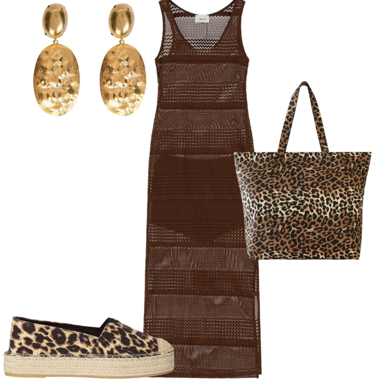 Outfit donna - Accessori maculati. Stile Trendy per Mare. Abbinamento con shopping bag, espadrillas, vestiti lunghi, orecchini.