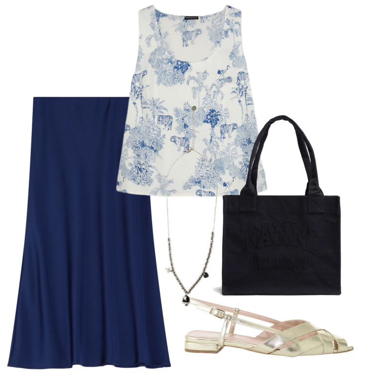 Outfit donna - A fare la spesa. Stile Casual per Tutti i giorni. Abbinamento con gonne longuette, ciondoli, sandali, top, shopping bag.