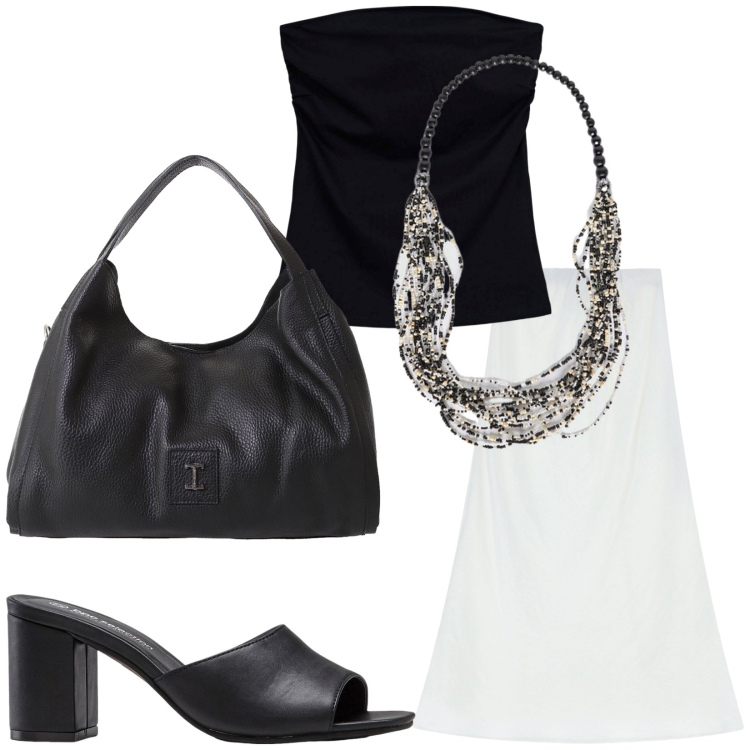 Outfit donna - Total look #2209071. Stile Casual per Tutti i giorni. Abbinamento con ciabatte, top, pochette, gonne lunghe, collane.