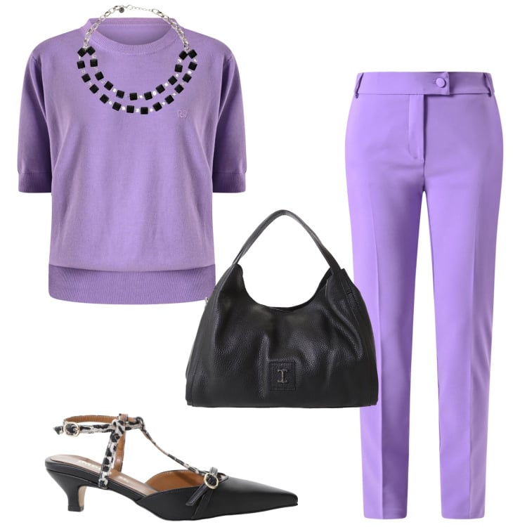 Outfit donna - Appuntamento di lavoro. Stile Casual chic per Ufficio. Abbinamento con pantaloni, maglieria, décolleté, pochette, collane.