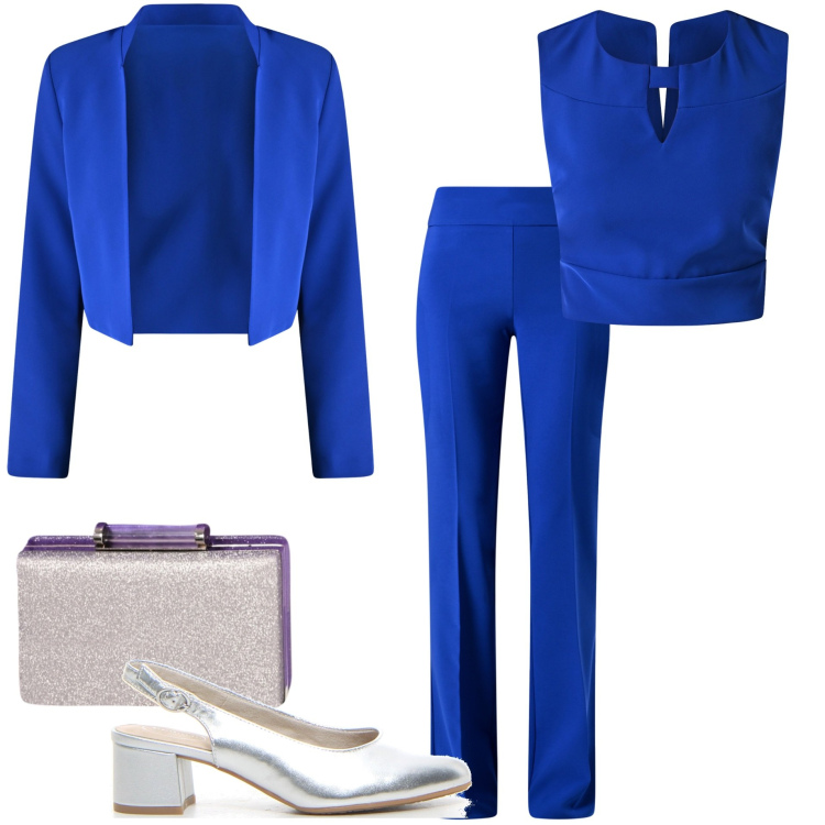 Outfit donna - Total blue. Stile Glamour per Cerimonia. Abbinamento con pochette, pantaloni, bolero, top, décolleté.