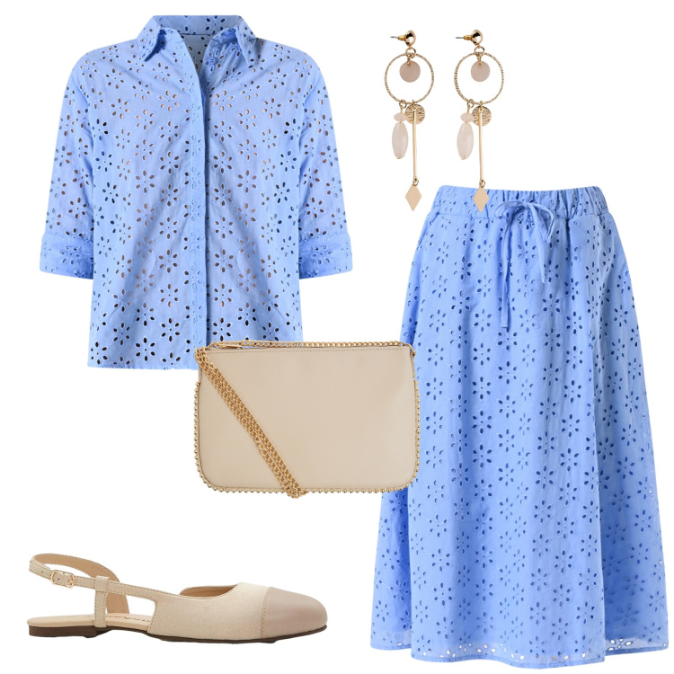 Outfit donna - Completo pizzo sangallo. Stile Boho per Serata fuori. Abbinamento con orecchini, ballerine, borse a tracolla, camicie, gonne longuette.