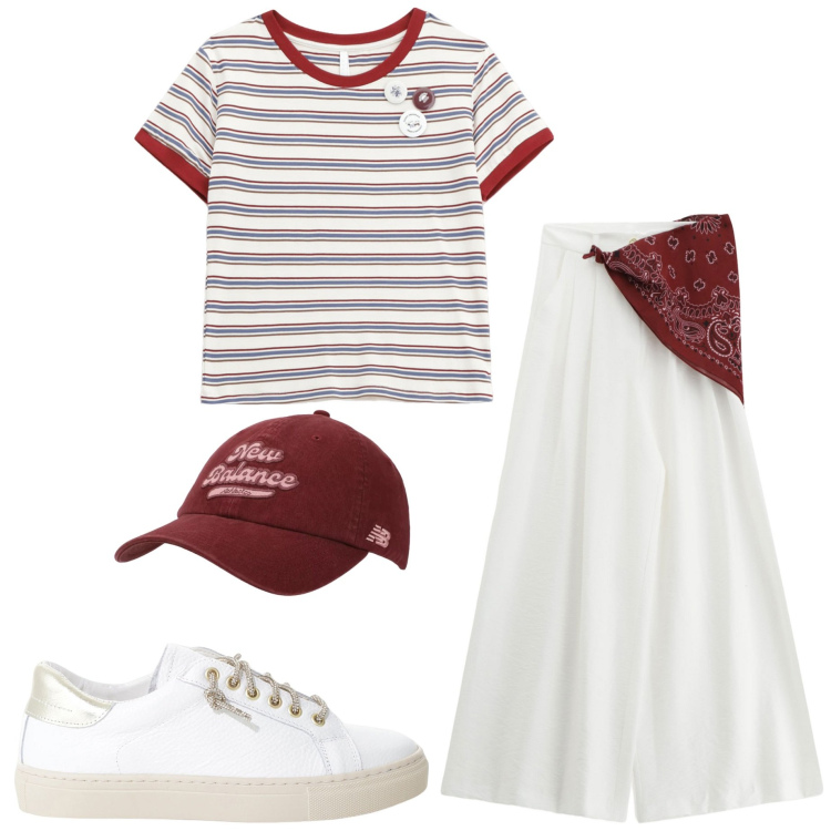 Outfit donna - Casual style. Stile Casual per Tutti i giorni. Abbinamento con cappelli con visiera, sneakers, t-shirt, pantaloni.