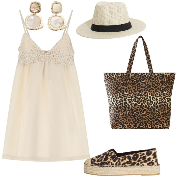 Outfit donna - Vestito corto PANNA. Stile Casual per Tutti i giorni. Abbinamento con shopping bag, espadrillas, vestiti corti, cappelli, orecchini.