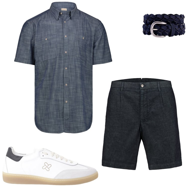 Outfit uomo - Weekend al lago. Stile Casual per Tutti i giorni. Abbinamento con sneakers, camicie a manica corta, cinture, bermuda.