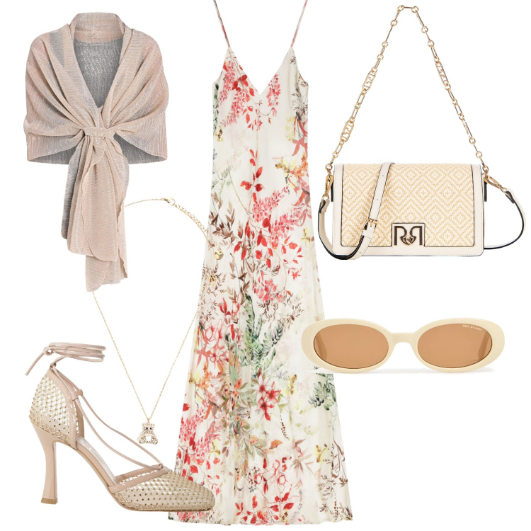 Outfit donna - Al battesimo 2. Stile Romantica per Cerimonia. Abbinamento con stole, borse a tracolla, vestiti lunghi, ciondoli, décolleté, occhiali da sole.
