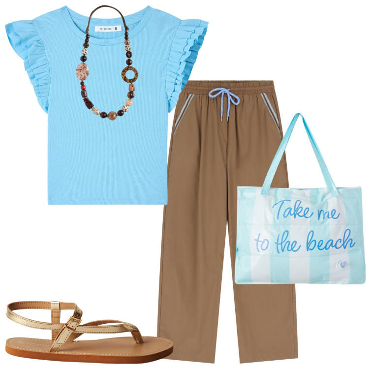 Outfit donna - In città. Stile Basic per Tutti i giorni. Abbinamento con t-shirt, borse tote, ciabatte, pantaloni, collane.