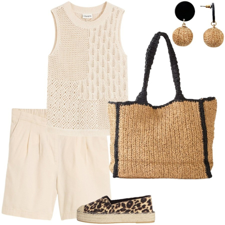 Outfit donna - Ultime giornate di Luglio. Stile Casual per Tutti i giorni. Abbinamento con top, bermuda, orecchini, shopping bag, espadrillas.