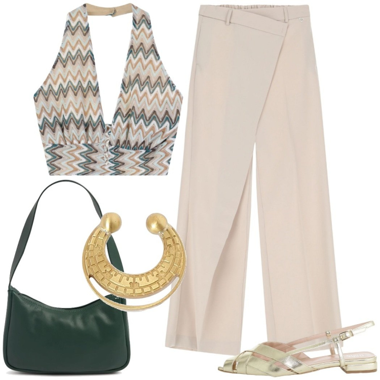 Outfit donna - Schiena scoperta per il compleanno. Stile Casual chic per Serata fuori. Abbinamento con pantaloni, top, sandali, orecchini, borse a spalla.