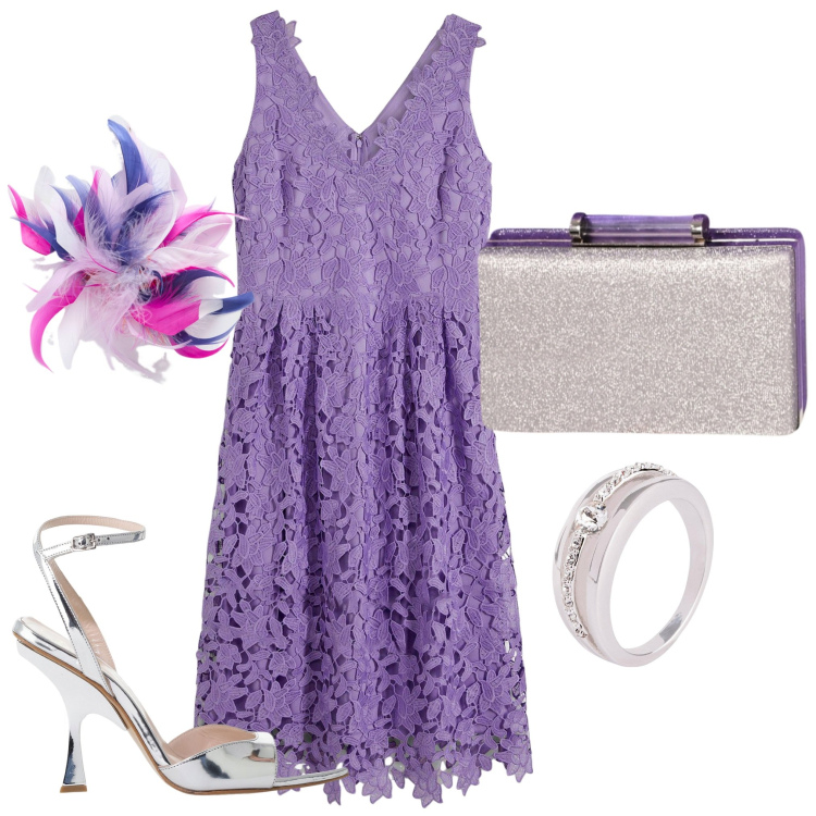 Outfit donna - L\'abito in pizzo. Stile Glamour per Serata fuori. Abbinamento con vestiti, anelli, pochette, décolleté, accessori per capelli.