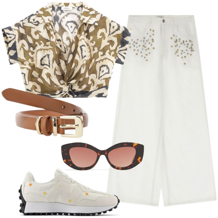 Outfit donna - Estate in città. Stile Urban per Tutti i giorni. Abbinamento con sneakers, cinture, top, jeans, occhiali da sole.