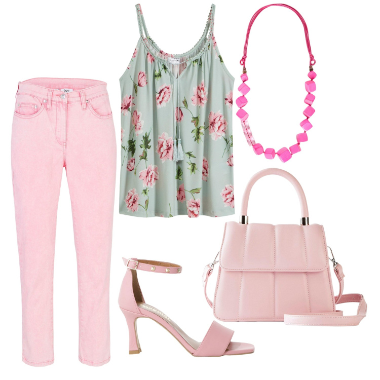 Outfit donna - Compleanno dell\' amica. Stile Romantica per Tutti i giorni. Abbinamento con top, pantaloni, borse a tracolla, sandali col tacco, collane.