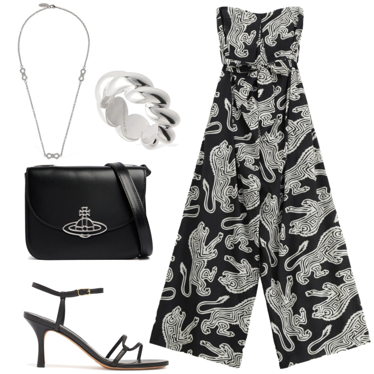 Outfit donna - Conquistatrice. Stile Glamour per Tutti i giorni. Abbinamento con tute, borse a spalla, collane, anelli, sandali in pelle.