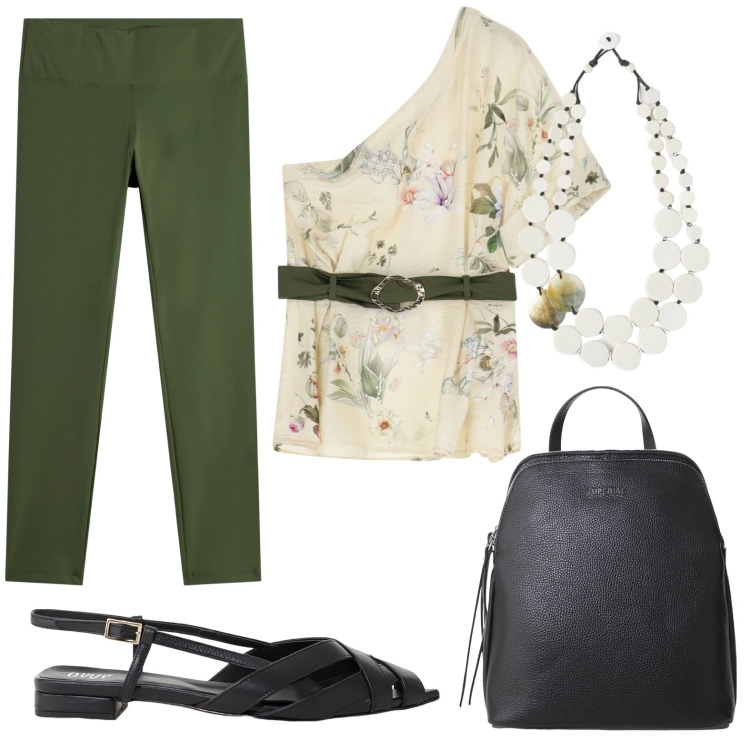 Outfit donna - Lunedì in ufficio. Stile Bon Ton per Ufficio. Abbinamento con top, zaini, sandali, leggings, ciondoli.