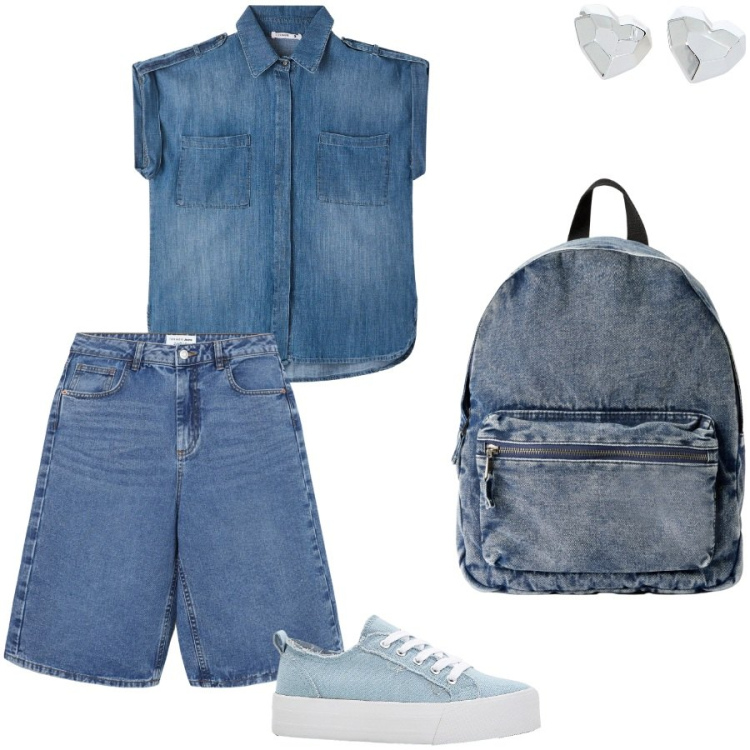 Outfit donna - Look total denim. Stile Casual per Tutti i giorni. Abbinamento con sneakers, bermuda, camicie a manica corta, zaini, orecchini.