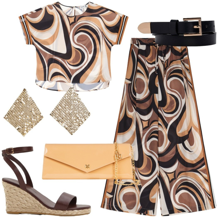 Outfit donna - Party sotto le stelle. Stile Chic per Serata fuori. Abbinamento con sandali, orecchini, pochette, pantaloni, bluse, cinture.