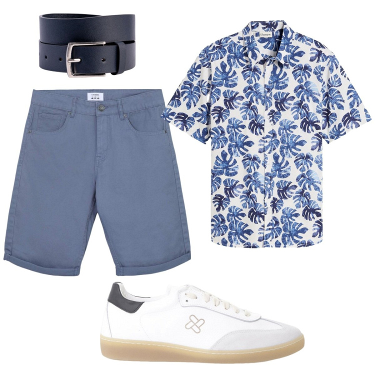 Outfit uomo - Summer. Stile Trendy per Tutti i giorni. Abbinamento con camicie a manica corta, bermuda, sneakers, cinture.