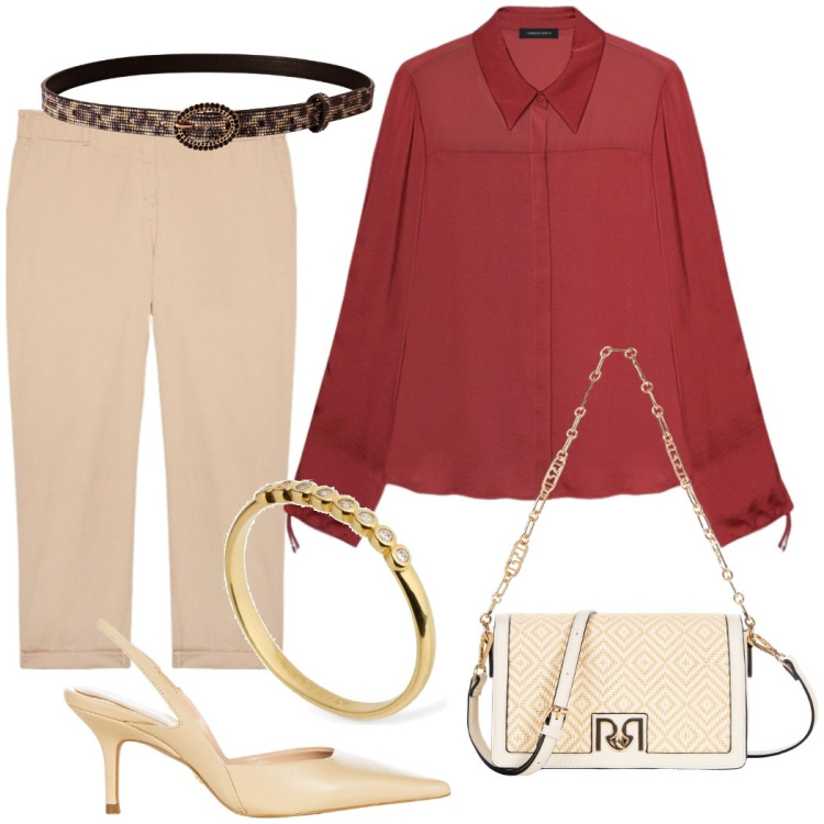Outfit donna - Cena fuori. Stile Chic per Serata fuori. Abbinamento con cinture, décolleté, borse a tracolla, pantaloni, camicie, anelli.