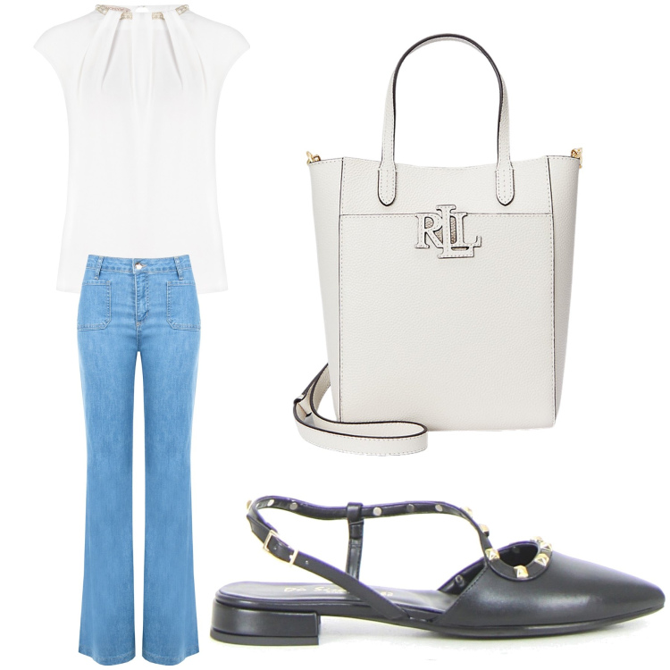 Outfit donna - Aperitivo. Stile Trendy per Tutti i giorni. Abbinamento con bluse, jeans, borse tote, sandali in pelle.