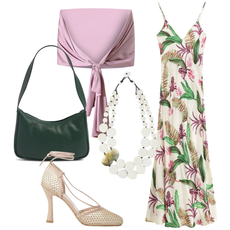 Outfit donna - Serata tropicale. Stile Romantica per Serata fuori. Abbinamento con scialli, vestiti lunghi, décolleté, ciondoli, borse a spalla.