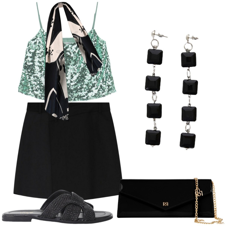 Outfit donna - Paillettes per una serata speciale. Stile Sexy per Serata fuori. Abbinamento con pochette, sciarpe, top, minigonne, sandali, orecchini.