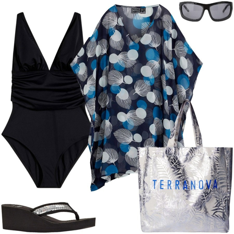 Outfit donna - Il costume nero. Stile Casual chic per Mare. Abbinamento con infradito, costumi interi, vestiti da spiaggia, borse tote, occhiali da sole.