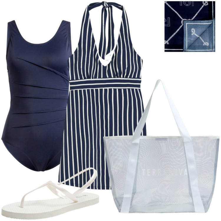 Outfit donna - Il classico bianco e blu. Stile Casual per Mare. Abbinamento con costumi interi, vestiti da spiaggia, sandali, shopping bag, foulard.