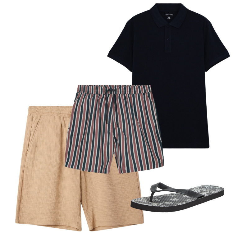 Outfit uomo - Luglio. Stile Casual per Mare. Abbinamento con sandali, polo, pantaloni corti, costumi.