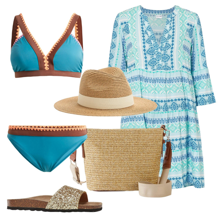 Outfit donna - Il costume perfetto per me. Stile Boho per Mare. Abbinamento con vestiti, bikini, borse a tracolla, ciabatte, cappelli.