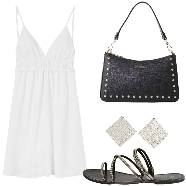 Outfit donna - Miniabito bianco. Stile Chic per Tutti i giorni. Abbinamento con orecchini, vestiti corti, sandali, borse a spalla.