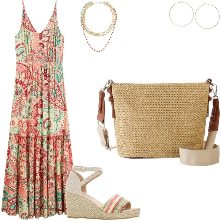 Outfit donna - Un po gitana. Stile Boho per Tutti i giorni. Abbinamento con borse a tracolla, vestiti, sandali, collane, orecchini.