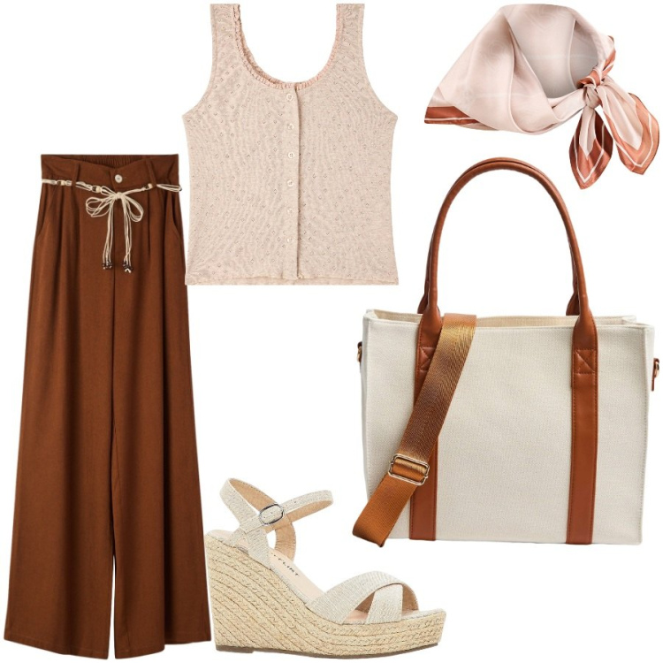 Outfit donna - Il foulard per i capelli. Stile Casual chic per Tutti i giorni. Abbinamento con sandali, pantaloni, shopping bag, canottiere, foulard.