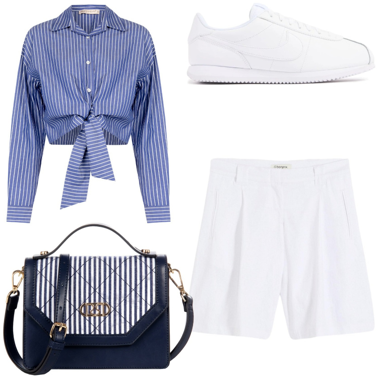Outfit donna - Coordinato camicia e shorts. Stile Casual per Tutti i giorni. Abbinamento con shorts, camicie, borse a mano, sneakers.