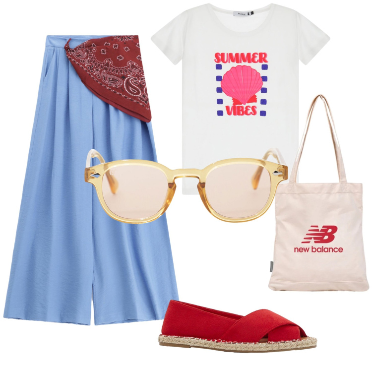 Outfit donna - Stamattina al mercato. Stile Casual per Tutti i giorni. Abbinamento con espadrillas, shopping bag, t-shirt, occhiali da sole, pantaloni.