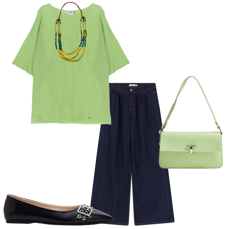 Outfit donna - In città. Stile Casual chic per Ufficio. Abbinamento con ballerine, borse a spalla, maglieria, jeans, collane.