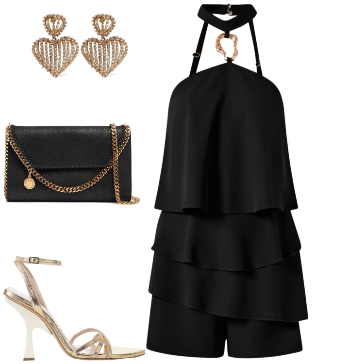 Outfit donna - Le sere al mare. Stile Trendy per Mare. Abbinamento con tuta corta, sandali col tacco, borse a spalla, orecchini.