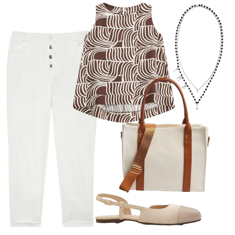 Outfit donna - Colazione al bar. Stile Casual per Tutti i giorni. Abbinamento con ballerine, shopping bag, top, collane, pantaloni.
