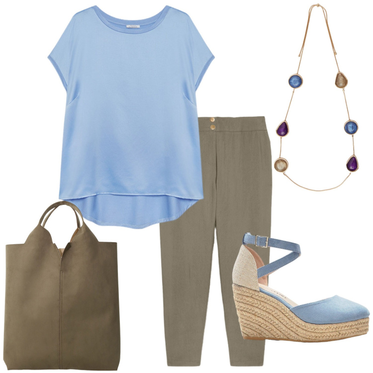 Outfit donna - In città. Stile Casual chic per Ufficio. Abbinamento con sandali, shopping bag, pantaloni, bluse, collane.