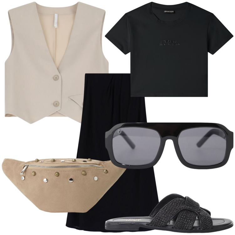 Outfit donna - Total look. Stile Urban per Tutti i giorni. Abbinamento con occhiali da sole, gilet, t-shirt, gonne lunghe, marsupi, sandali.