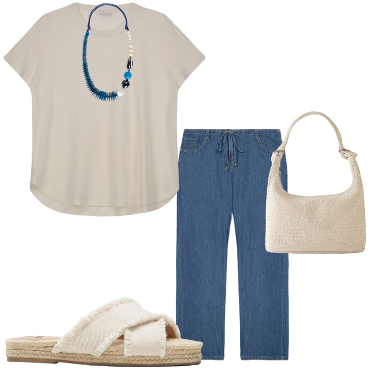 Outfit donna - Caffè con le amiche. Stile Casual per Tutti i giorni. Abbinamento con ciabatte, shopping bag, jeans, t-shirt, collane.