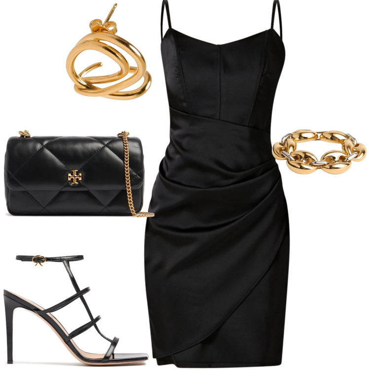 Outfit donna - Il tubino per la sera. Stile Chic per Serata fuori. Abbinamento con vestiti a tubino, braccialetti, orecchini, borse a spalla, sandali in pelle.