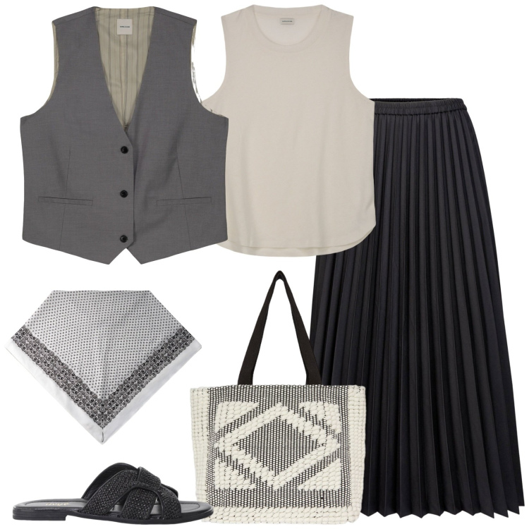 Outfit donna - Un Certo rigore. Stile Casual chic per Ufficio. Abbinamento con sandali, gonne longuette, gilet, shopping bag, foulard, top.