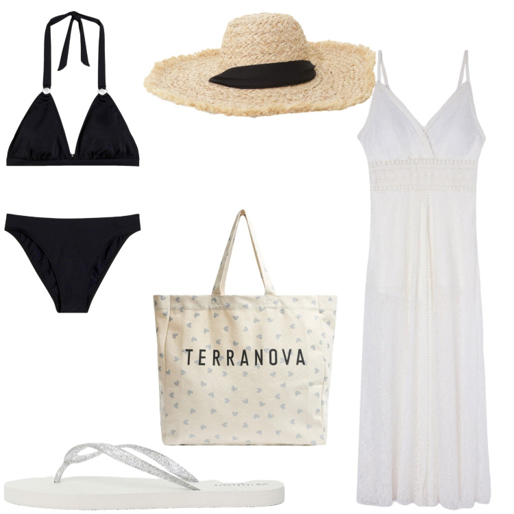 Outfit donna - Aperitivo in spiaggia. Stile Boho per Mare. Abbinamento con bikini, vestiti lunghi, shopping bag, infradito, cappelli.