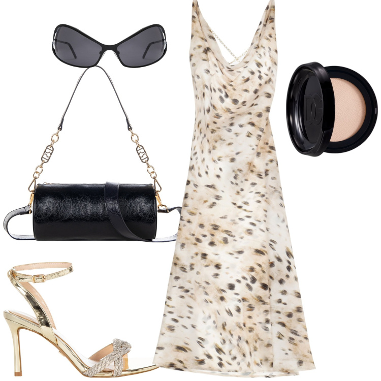 Outfit donna - Serata. Stile Chic per Serata fuori. Abbinamento con fondotinta, sandali col tacco, borse a mano, vestiti, occhiali da sole.