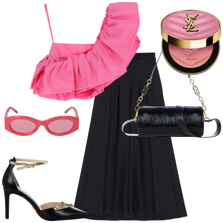Outfit donna - Imperial. Stile Trendy per Serata fuori. Abbinamento con blush, décolleté, borse a mano, pantaloni, top, occhiali da sole.